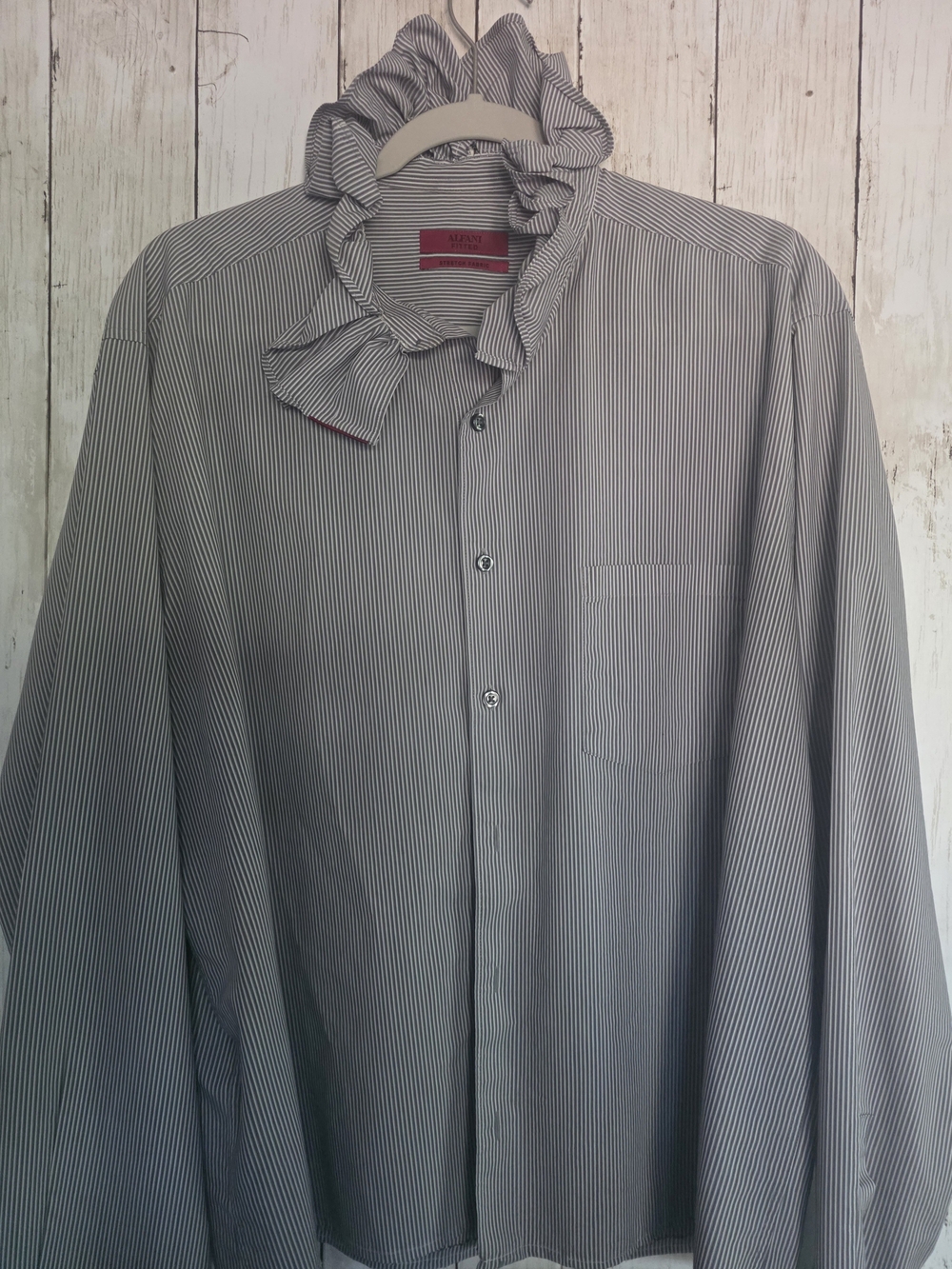 Alfani Women's Striped Ruffle-Neck Button Down Shirt - Gray/White